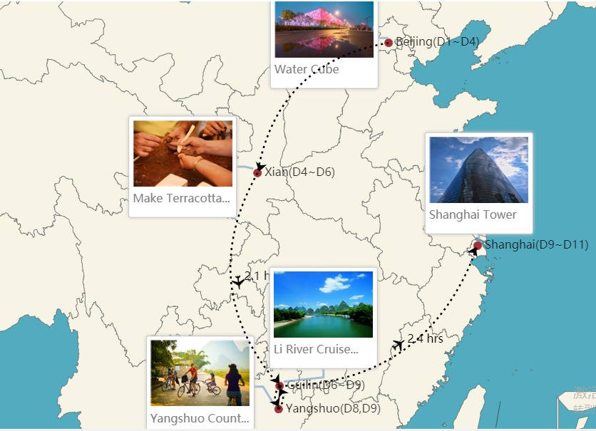 mapa de itinerario de 11 dias en china