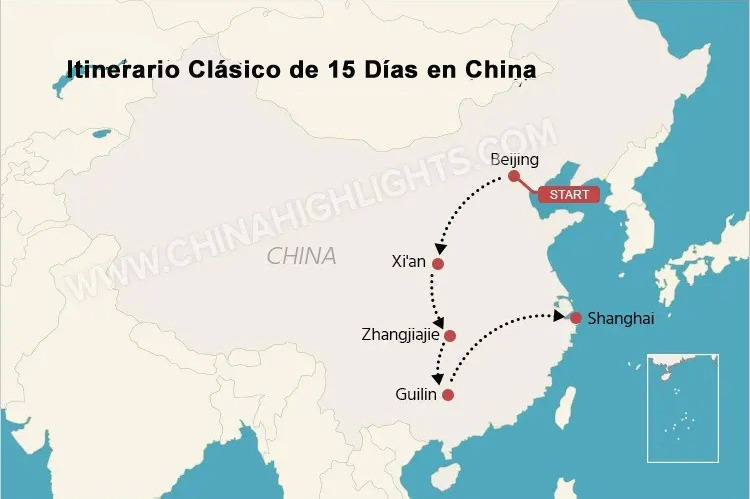 mapa de itinerario clásico de 15 días en China