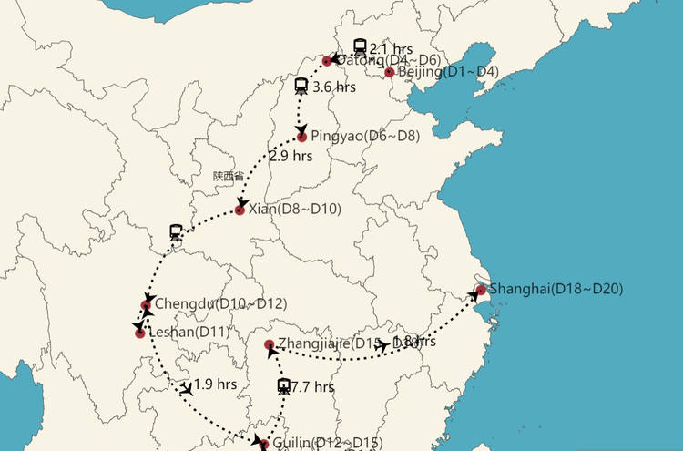 Mapa de viaje china 20 dia